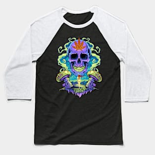 Purple Cannabis Skull with Mushrooms Baseball T-Shirt